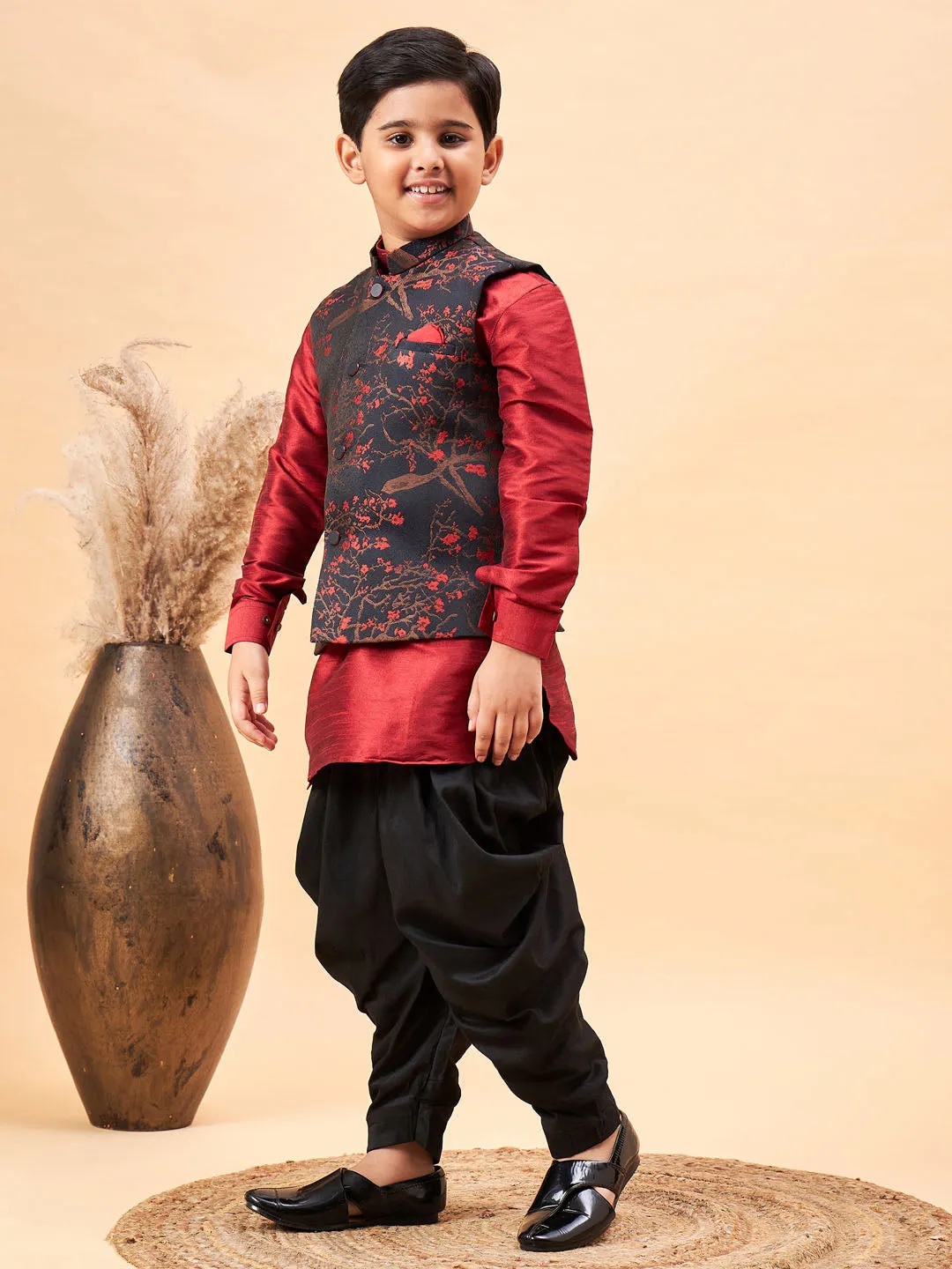 Vastramay Boys Maroon Jacquard Jacket With Maroon kurta and Dhoti Set