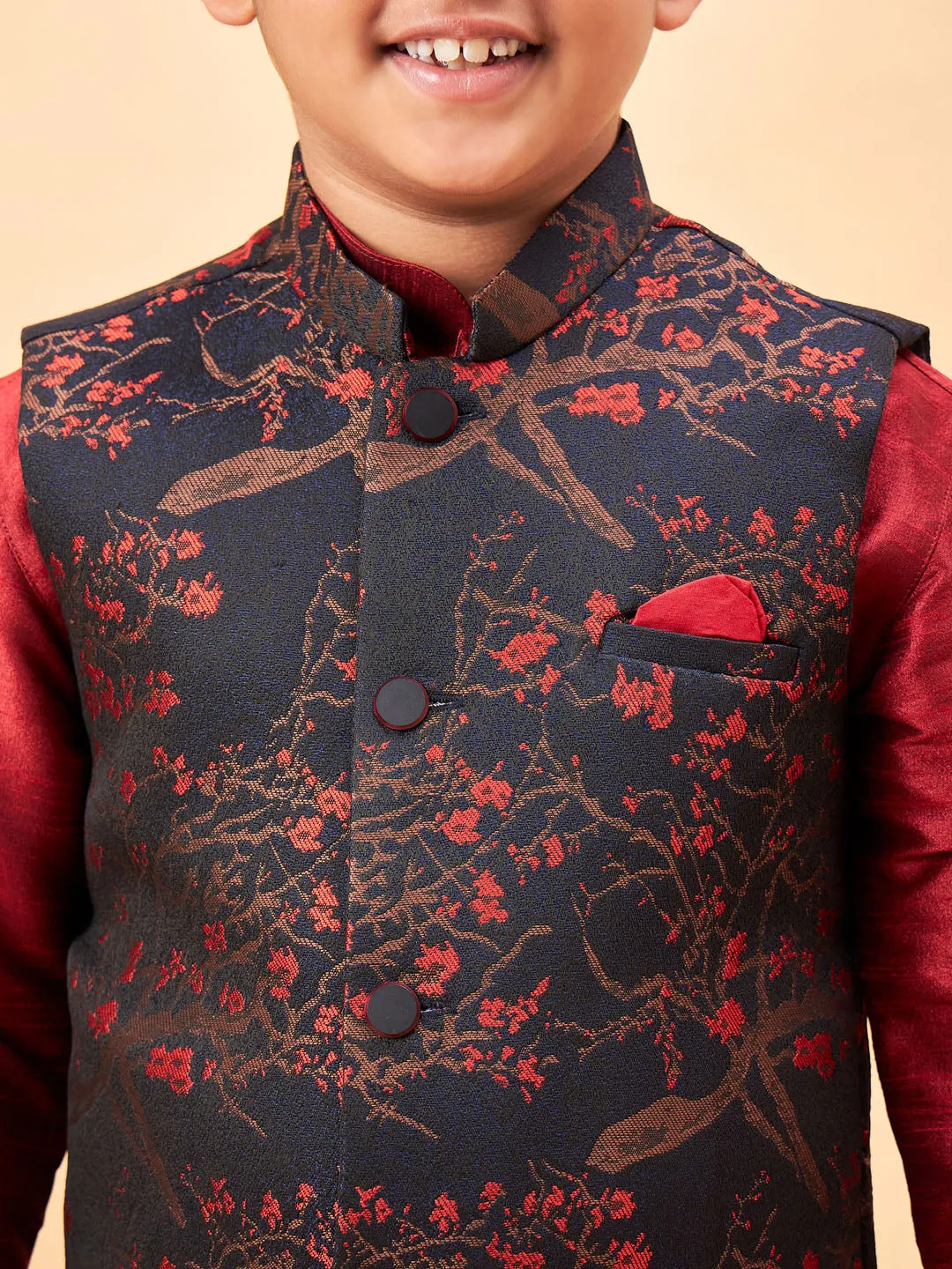 Vastramay Boys Maroon Jacquard Jacket With Maroon kurta and Dhoti Set