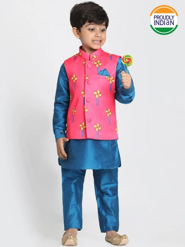 Vastramay Boys' Quirky Nehru Jacket, Blue Kurta And Pyjama Set