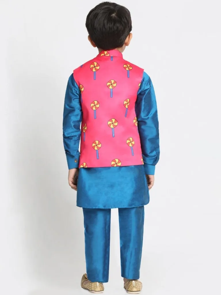 Vastramay Boys' Quirky Nehru Jacket, Blue Kurta And Pyjama Set