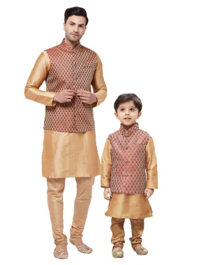 VASTRAMAY Silk Blend Maroon and Gold Baap Beta Jacket Kurta Pyjama Set