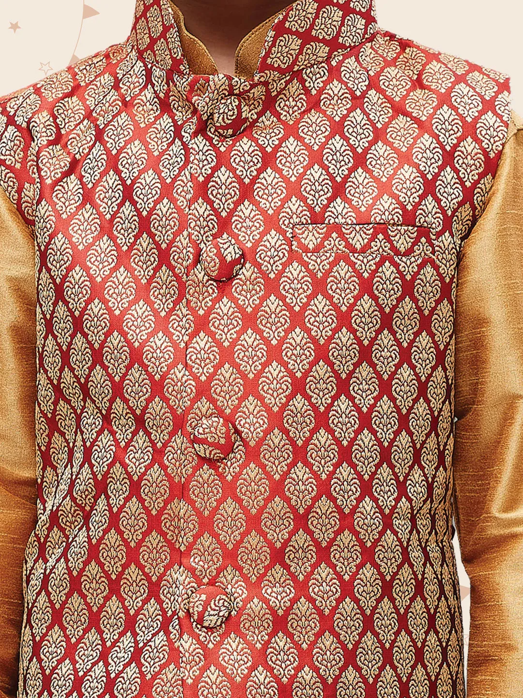 VASTRAMAY Silk Blend Maroon and Gold Baap Beta Jacket Kurta Pyjama Set