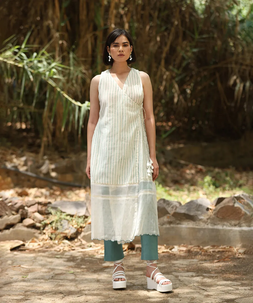 White Handloom Pure Chanderi Wrap Around Handblock Printed Dress With Organza And Lace Details