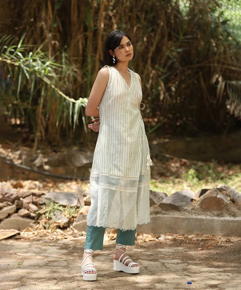 White Handloom Pure Chanderi Wrap Around Handblock Printed Dress With Organza And Lace Details