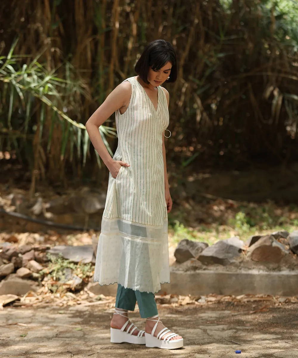 White Handloom Pure Chanderi Wrap Around Handblock Printed Dress With Organza And Lace Details