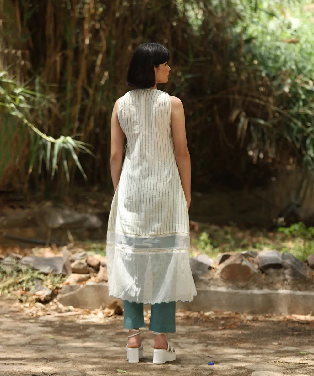 White Handloom Pure Chanderi Wrap Around Handblock Printed Dress With Organza And Lace Details