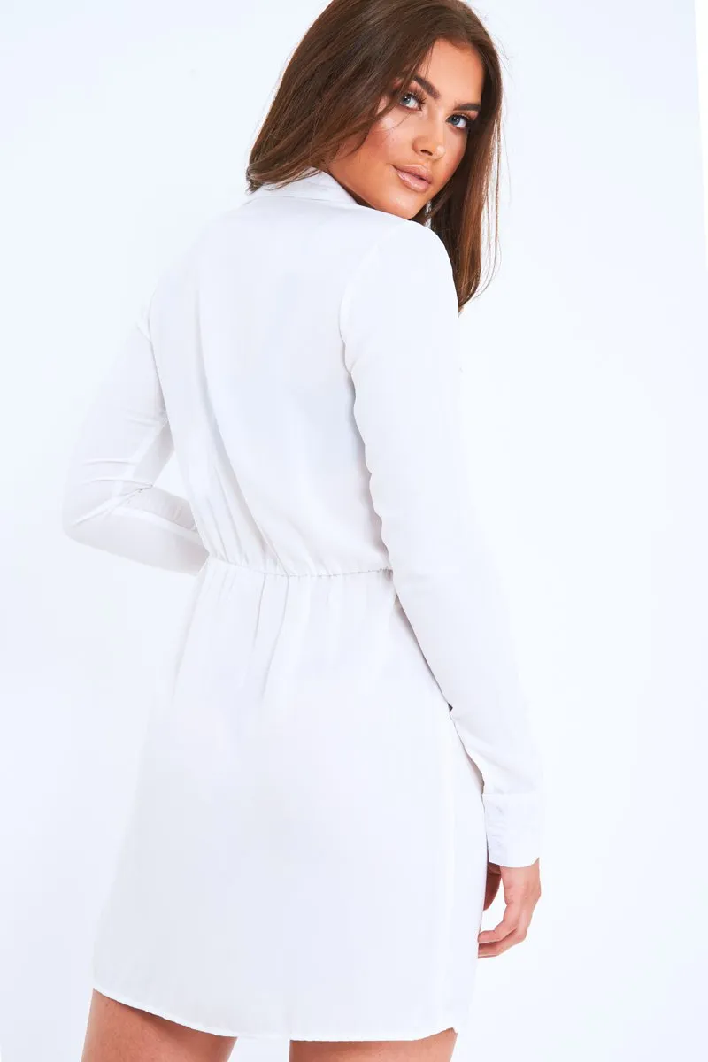 White Tie Front Plunge Wrap Shirt Dress - Bexlee