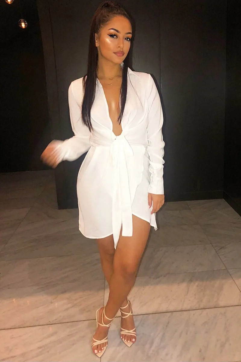 White Tie Front Plunge Wrap Shirt Dress - Bexlee