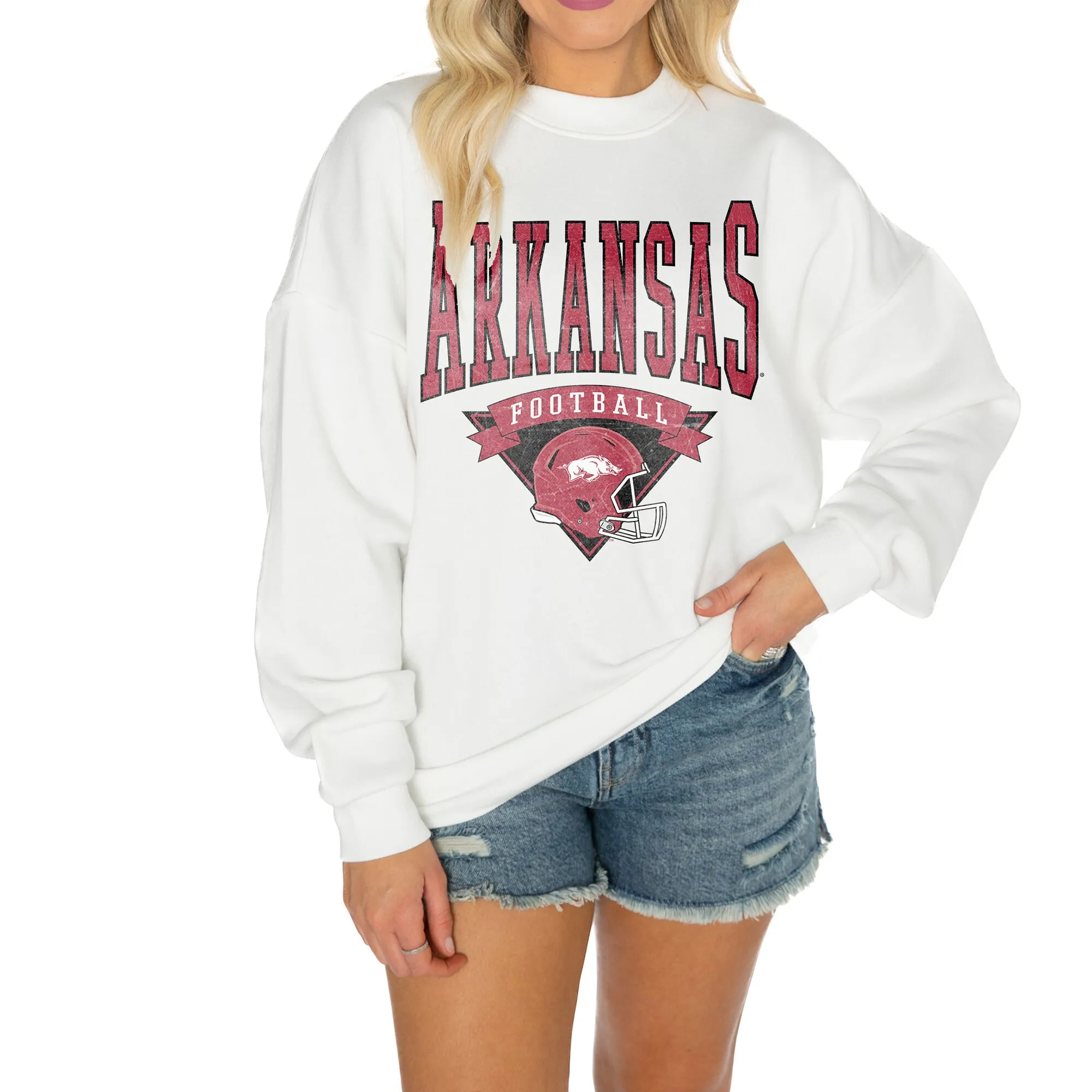 Women's Gameday Couture White Arkansas Razorbacks Good Vibes Premium Fleece Drop Shoulder Pullover Sweatshirt