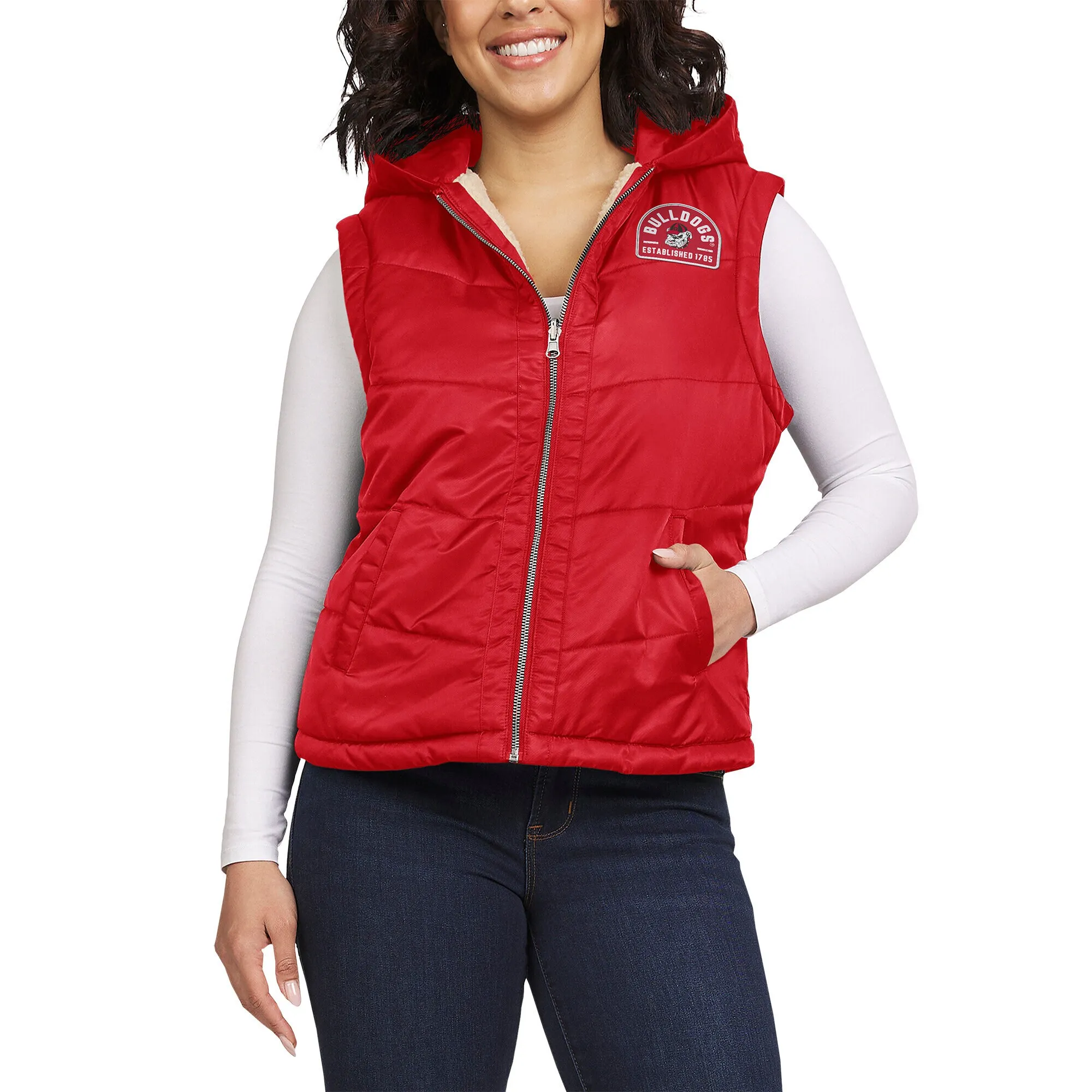 Women's WEAR by Erin Andrews Red/Cream Georgia Bulldogs Reversible Full-Zip Hoodie Vest