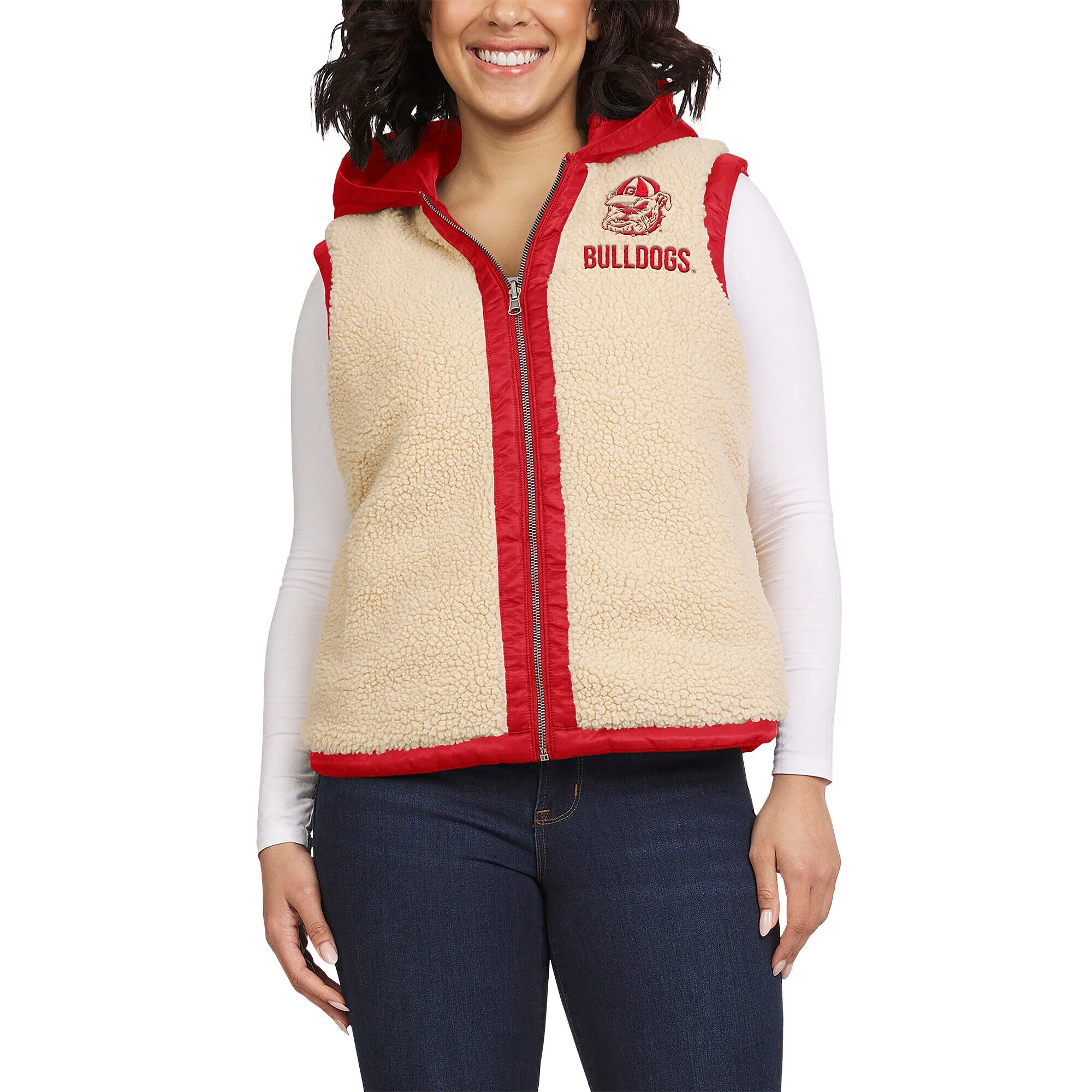 Women's WEAR by Erin Andrews Red/Cream Georgia Bulldogs Reversible Full-Zip Hoodie Vest