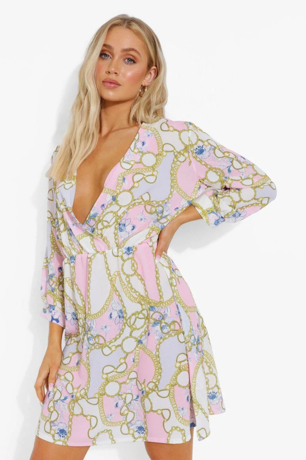 Woven Chain Print Wrap Skater Dress