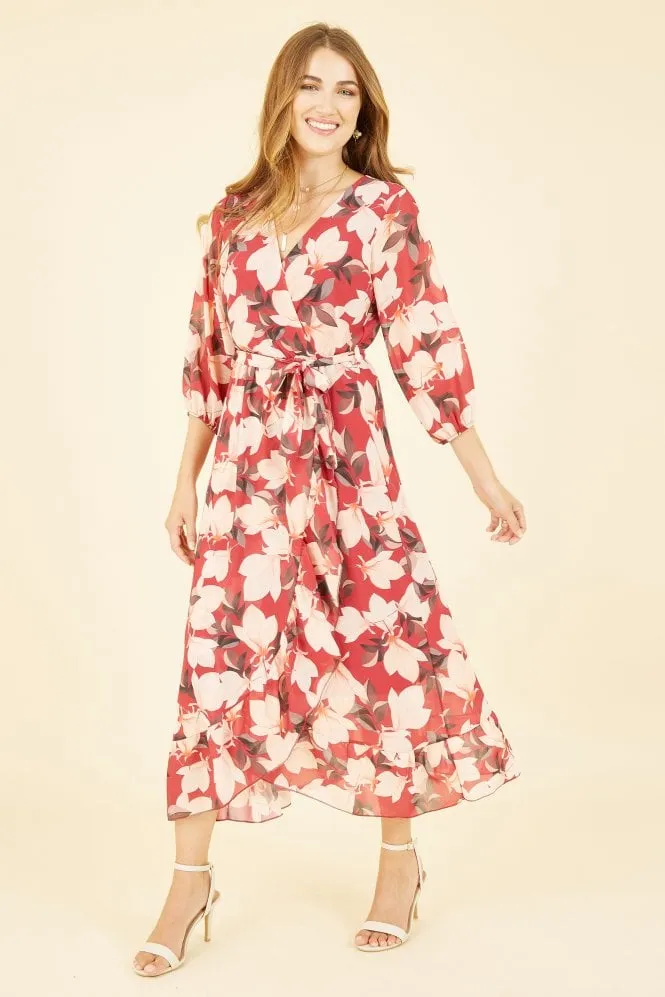 Yumi Red Blossom Wrap Midi Dress With 3/4 Sleeves